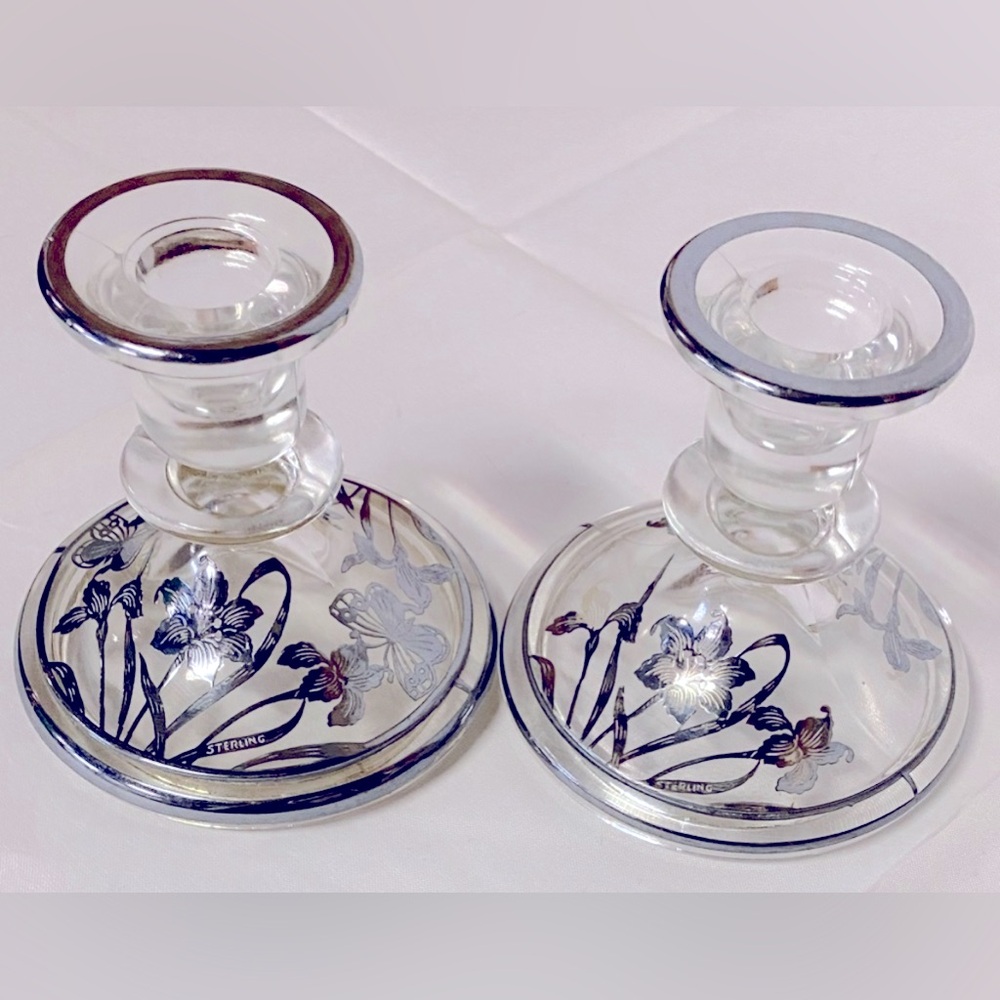 Vintage pr candleholders .925 Sterling Silver Lily floral embossed glass mid-C